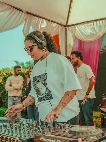 In the zone during a daytime Holi set in Ranchi, with the dhol drums right next to my console.