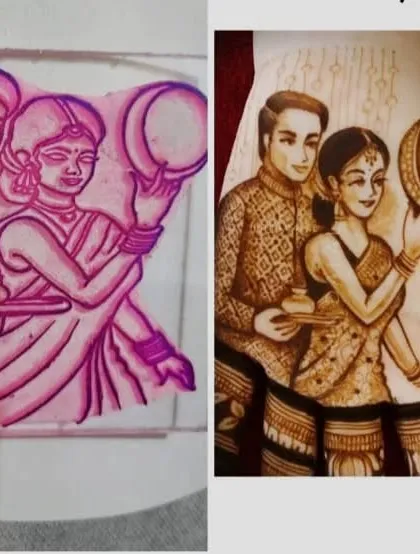 I believe in making complex art achievable. This image shows how we break down a Karwa Chauth scene from a simple stencil to a detailed henna portrait. My method simplifies the process, so you can learn to create any figure with confidence.