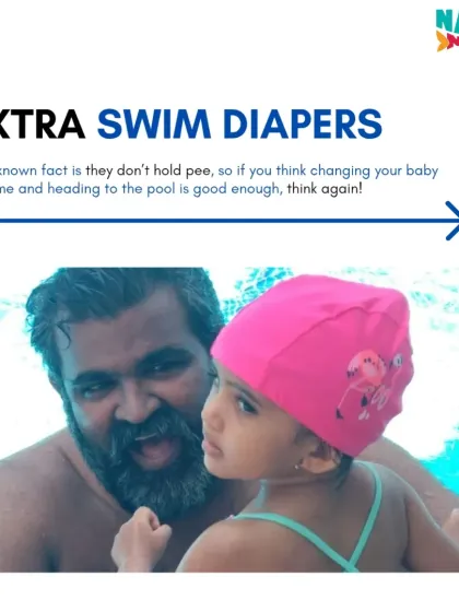 On our checklist: always bring extra swim diapers. A little-known fact is that they don't hold pee, only solids. So changing your baby right before you leave home isn't enough; always have a spare.