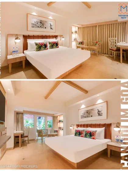 This guest room mockup for Lemontree Amarante Beach Resort in Goa captures the essence of a coastal escape. We focused on a light, airy palette, comfortable furnishings, and subtle tropical accents to create a peaceful sanctuary for travelers.