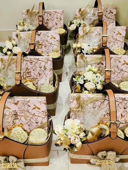 A full view of the Diwali hampers ready for delivery to Red Chillies Entertainment. The consistent design and beautiful presentation reflect a premium and organized approach to large festive orders.