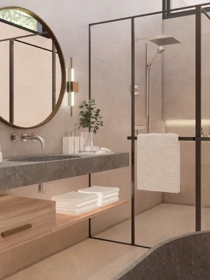 A bathroom render for 'Kasu Vaha', designed as a luxurious sanctuary. A floating concrete vanity, a walk-in shower, and a round brass mirror create a spa-like atmosphere.