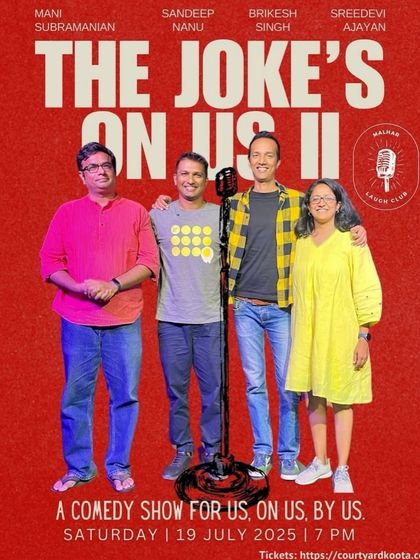 The poster for 'The Joke’s on Us II', a Malhar Laugh Club special featuring local comics sharing side-splitting stories from the heart of our community.