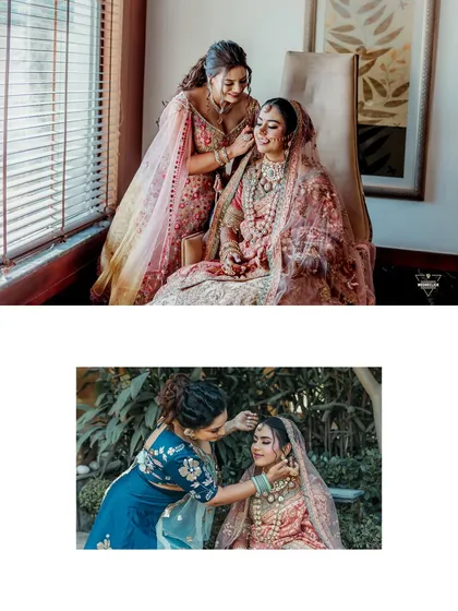 A collage showing the bride getting her final touches from her makeup artist and sister, capturing the behind-the-scenes moments.