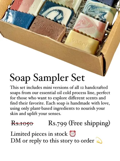 Our Soap Sampler Set is restocked. It includes mini versions of all 12 handcrafted soaps from our essential oil cold process line, perfect for exploring different scents.