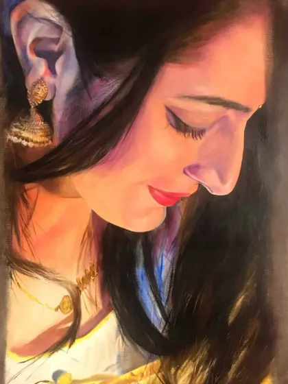 A soft and serene oil portrait of a woman in profile. The delicate lighting and focus on her traditional jhumkas make this a very elegant piece.