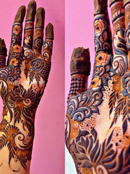 A collage showing a designer piece with a mix of bold florals and delicate swirls.