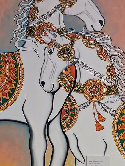 A beautiful painting of two ornately decorated white horses in a traditional Indian style.