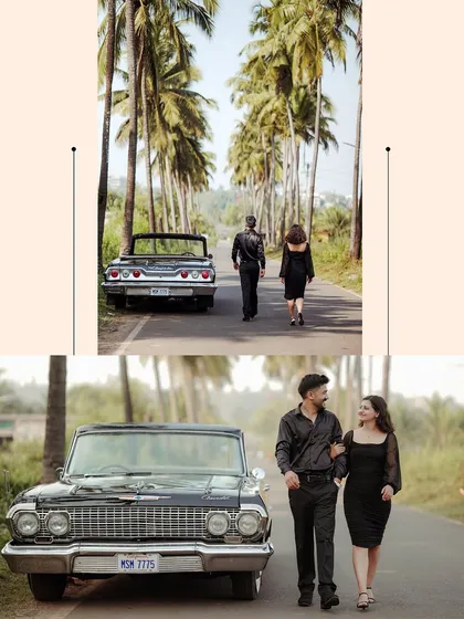 A couple walking down a palm-tree-lined road in Goa with a vintage car. This shot combines classic style with a tropical setting for a unique pre-wedding look.