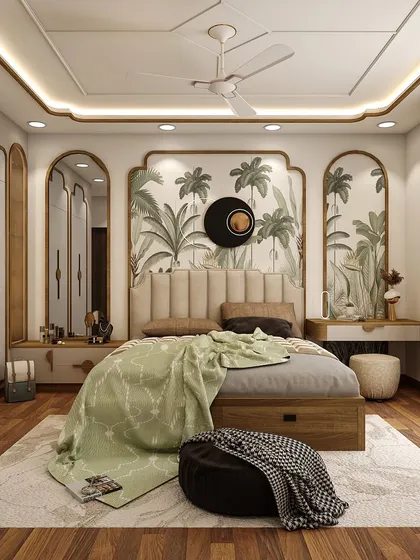 This master bedroom is a perfect example of modern luxury meeting heritage. The arched panels and tropical wallpaper create a serene escape that feels both sophisticated and deeply personal.