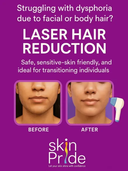 For many in our community, unwanted facial or body hair can be a source of dysphoria. This before and after image shows the real impact of our laser hair reduction treatment. We use technology that is safe and effective for transitioning individuals, helping you feel more aligned with your true self.