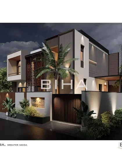 A proposed facade for the 140 Casa in Greater Noida, featuring a prominent Corten steel screen. This element serves as a key compositional feature, ensuring privacy while creating intricate plays of light and shadow.