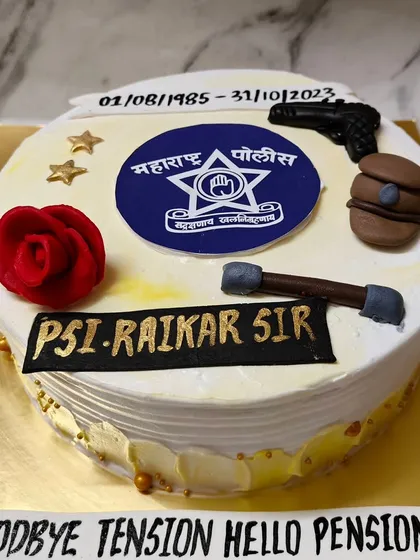 A retirement cake for a police officer. "Goodbye Tension, Hello Pension!" A perfect way to celebrate years of service.