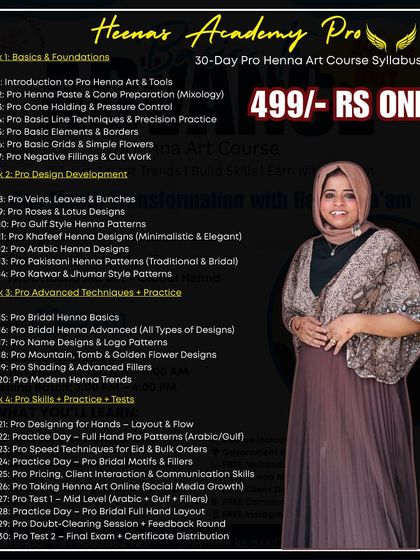 This is the detailed 30-day syllabus for my Heenar Academy Pro course, priced at just 499 RS. It covers everything from basics and design development to pro skills and client management.