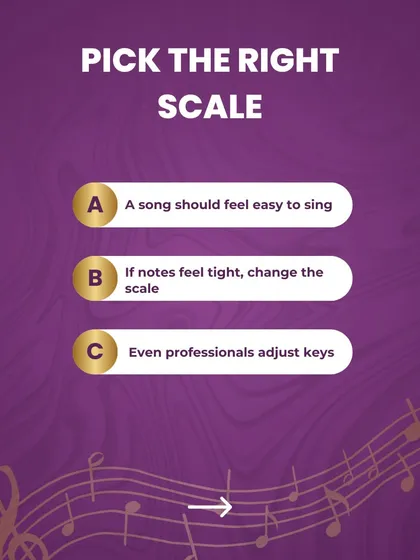 Picking the right scale is a pro tip. This graphic explains that a song should feel easy to sing, and if notes feel tight, you should change the scale. Even professionals adjust keys.