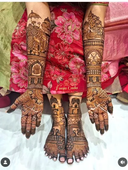 A complete bridal look is essential. Here you can see how I coordinate intricate designs for both the hands and feet, featuring traditional elephant motifs and detailed patterns that extend up the arms and legs.