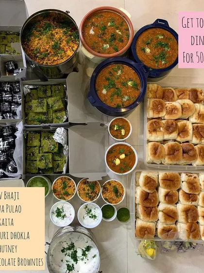A complete dinner catering setup for 50 people, featuring crowd-pleasers like Pav Bhaji, Tawa Pulao, and Pani Puri Dhokla. This demonstrates how I can handle full-course meals for your special gatherings.