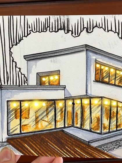 An architectural sketch of a modern house. I used markers to create the warm glow from the windows and simple ink lines for the surrounding trees, creating a nice contrast between light and shadow.