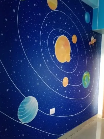 A custom hand-painted mural of the solar system, perfect for a child's bedroom or playroom, creating an educational and imaginative deep space theme.