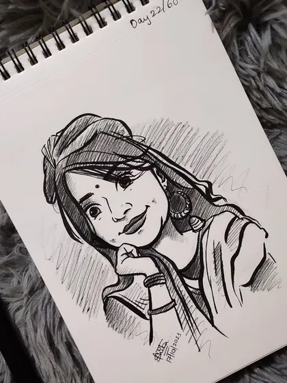 A lovely caricature with traditional jewelry. The details in the earrings and the dimple make this sketch special.