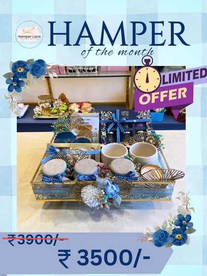 Don't miss out on the Hamper of the Month! This graphic highlights the special offer price for this exclusive, limited-edition blue-themed hamper.