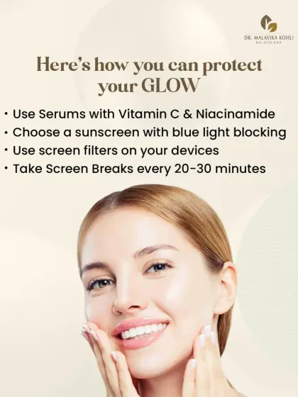 To protect your skin from the effects of blue light emitted by digital screens, I recommend a multi-step approach. This includes using antioxidant serums with Vitamin C and Niacinamide, choosing a sunscreen with blue light blocking properties, and taking regular screen breaks.