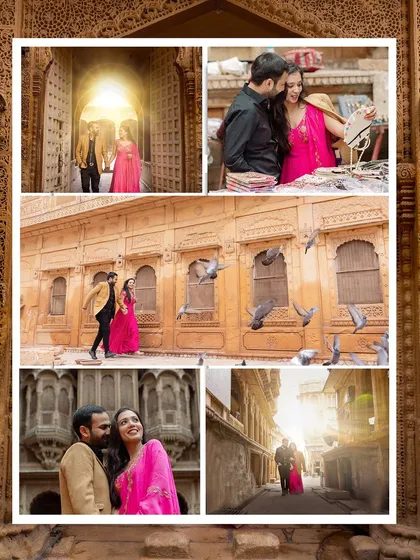 See how we weave multiple moments into a single, story-driven layout. This pre-wedding shoot in Jaisalmer is presented as a narrative, blending grand landscapes with intimate glances to tell the story of the couple's journey.