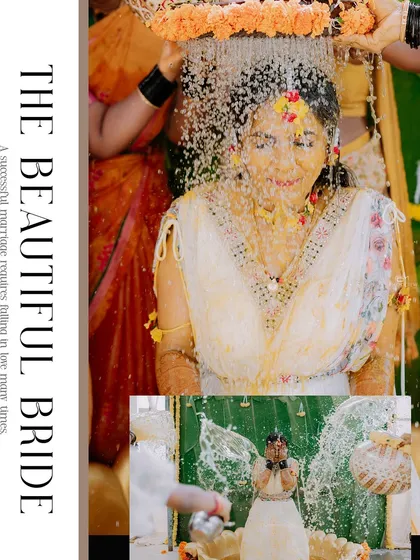 A collage showing the bride being showered with water and flowers during a traditional Haldi ritual, capturing the essence of the ceremony.