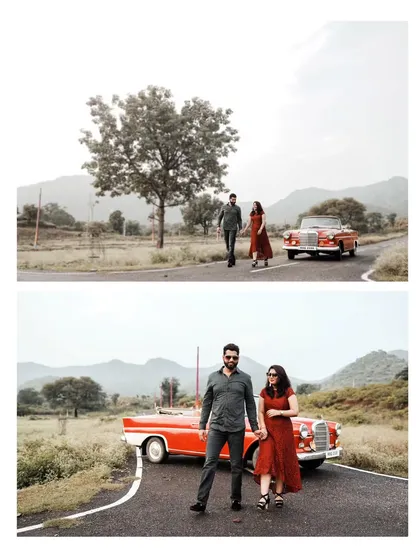 Your love story on the open road. This collage shows the couple enjoying a scenic drive in a vintage car through the Rajasthan countryside, a perfect theme for adventurous souls.
