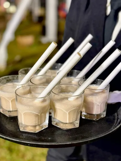 A fun and energizing option, my Bubble Coffee is a hit at any event. It's a refreshing cold coffee blended with popping boba pearls, served in shot glasses for a quick and fun beverage.