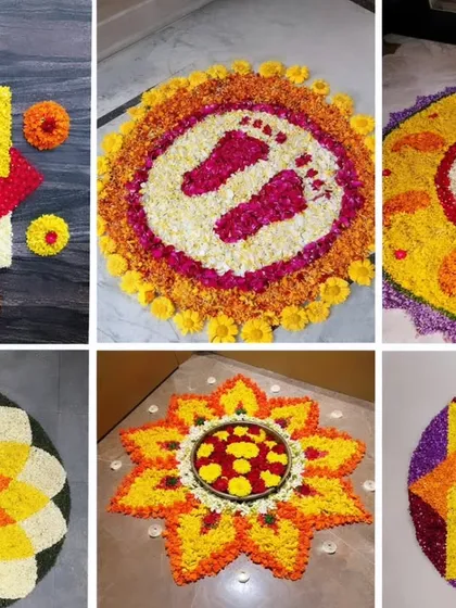 It's all in the details. I create beautiful, custom floral rangolis using fresh petals to add a traditional and artistic touch to your event entrance or main space. Each design, from sacred symbols to baby feet, is made with love.