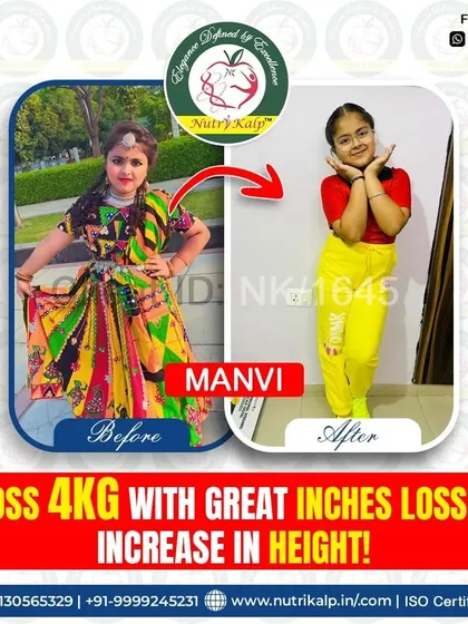 Little Manvi's journey is a great example of healthy growth. She not only lost 4 kg and several inches but also gained height. Our plans for children focus on balanced nutrition to combat obesity and support their development naturally.