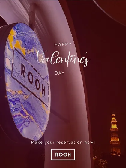 Rooh is a place for romance. This image captures the essence of our Valentine's celebration, with our iconic sign glowing against the backdrop of the Qutub Minar, setting the stage for love.