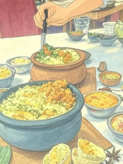 A grand feast of biryani and other Indian dishes, all illustrated in the charming Studio Ghibli style. This artwork showcases our love for traditional food, reinterpreted through a creative and imaginative lens.
