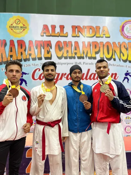 Medalists from the National Karate Championship in Dehradun, including our student Tushar with his silver medal.