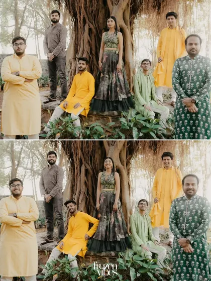 A creative before-and-after collage of a groom and his friends. The top image is a serious pose, while the bottom shows them breaking into laughter, capturing the fun and camaraderie of the groomsmen.