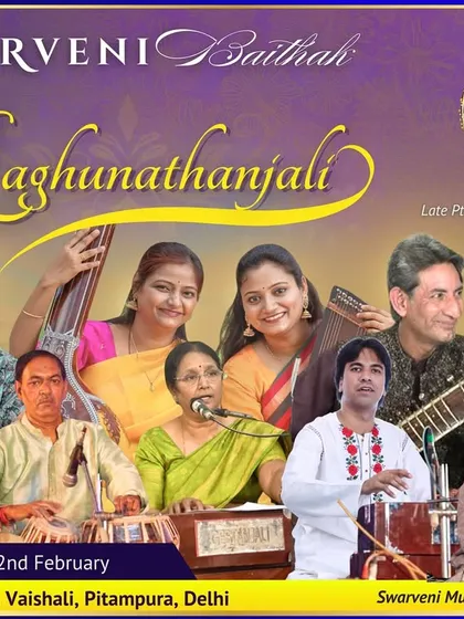 The main poster for our 'Raghunathanjali' Swarveni Baithak 2025, a large-scale event featuring numerous esteemed artists.