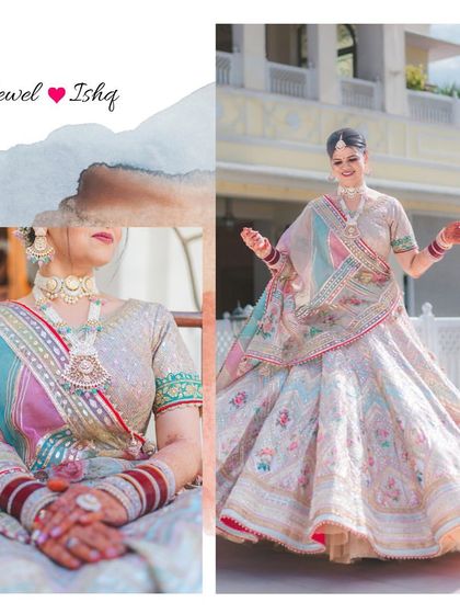 A collage showing the bride's joyful twirl and a close-up of her unique pastel layered necklace set.