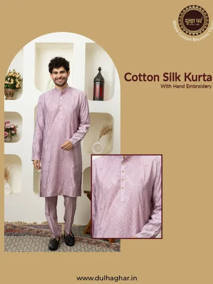 A mauve-colored cotton silk kurta with self-embroidery, a unique and sophisticated color choice.