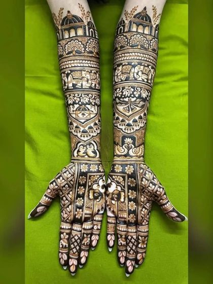 A grand bridal design with architectural motifs and swans.