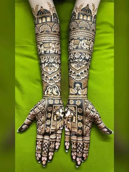 A grand bridal design with architectural motifs and swans.