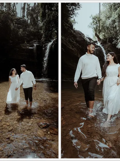 Walking hand in hand through the water, this couple's pre-wedding shoot has a serene and adventurous feel, perfectly captured with the waterfall in the background.