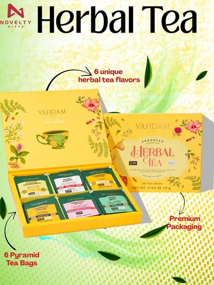 Gift the warmth of wellness with this Vahdam Herbal Tea assortment. The box contains six unique herbal tea flavors in pyramid tea bags, presented in premium, vibrant packaging.