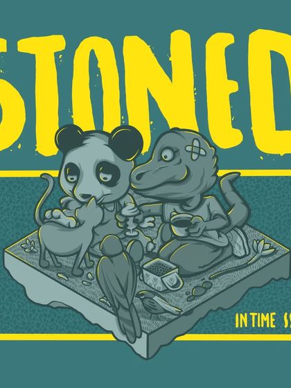 'Stoned in time by Medusa's gaze.' A fun character illustration featuring a panda, a T-rex, and a cat having a tea party. This shows my whimsical side.