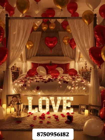 For a truly memorable anniversary or romantic surprise, I can transform a room into a private getaway. This setup features a canopy bed, hundreds of balloons, scattered rose petals, and glowing "LOVE" marquee letters.