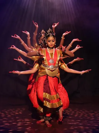 The divine power of Lord Narasimha is brought to life in this visually striking formation from our 'Narasimha Kavuthuvam'. This piece demonstrates the synchronization and strength of my ensemble, creating a powerful depiction of the deity's formidable, multi-armed presence.