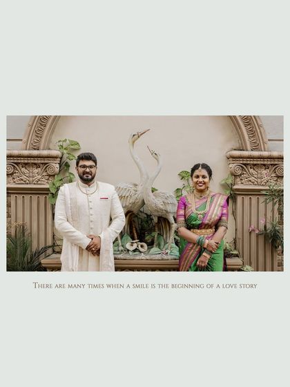 A simple and elegant portrait of the couple with the caption, "There are many times when a smile is the beginning of a love story."