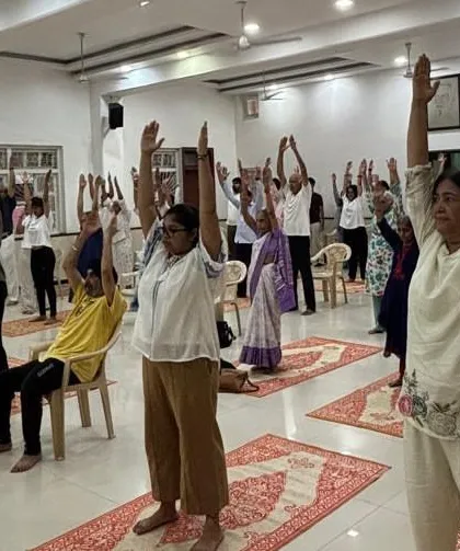 Age is no barrier to well-being. Here, senior citizens from Goodfellows participate in our special Yoga session, practicing gentle asanas to improve mobility and find inner peace.