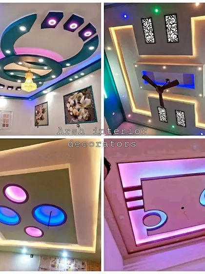 A collage of some of my most colorful and creative false ceiling designs, using bright pinks, blues, and greens.