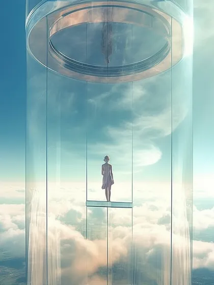 An avatar inside a transparent elevator in the Meta Tower, ascending through the clouds. This illustrates the sense of freedom and wonder we aim to create in our virtual designs.